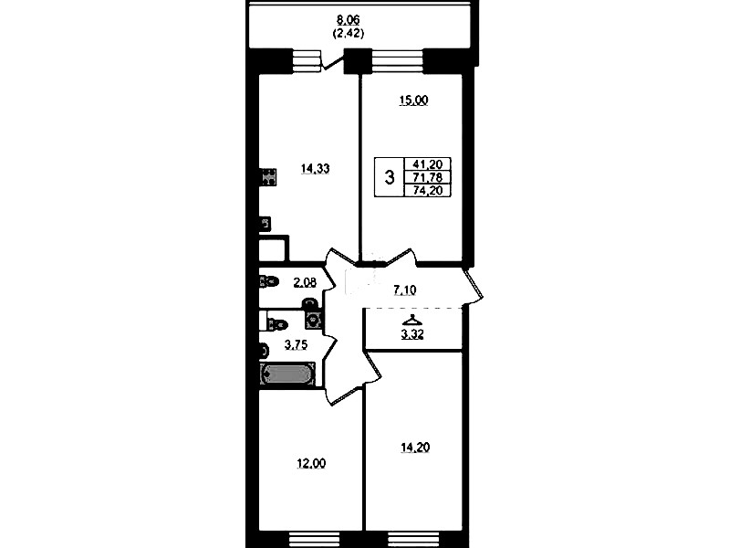 3-комнатная квартира 74.2 м², 12/23 эт., ЖК «Живи! В Рыбацком»